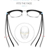 A pair of black flexible computer glasses fitting the face, shown with a diagram illustrating fit.