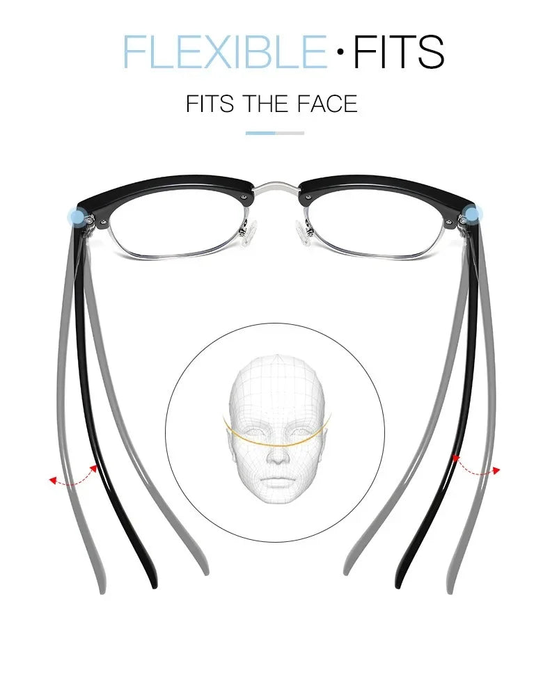 A pair of black flexible computer glasses fitting the face, shown with a diagram illustrating fit.
