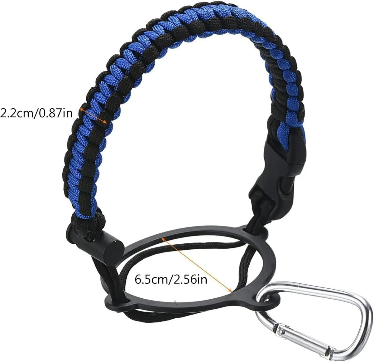 Black paracord strap with blue accents used as a water bottle holder and carrying loop.