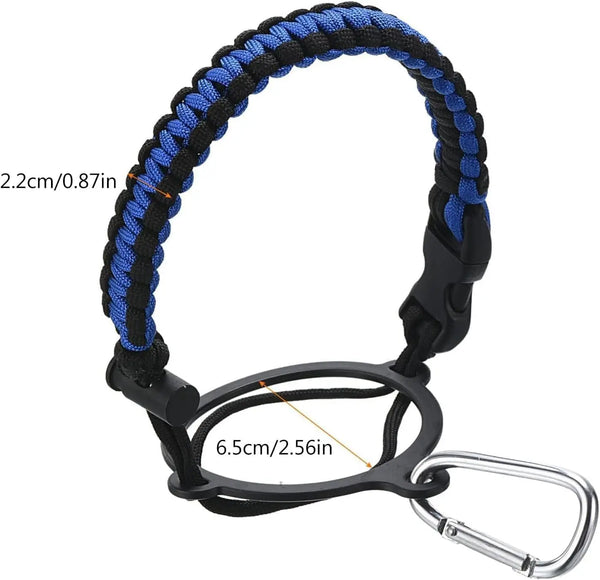 Black paracord strap with blue accents used as a water bottle holder and carrying loop.