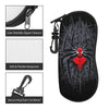 Black neoprene pouch with a red spider web design and a zipper closure and keychain carabiner.