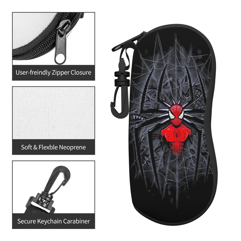 Black neoprene pouch with a red spider web design and a zipper closure and keychain carabiner.