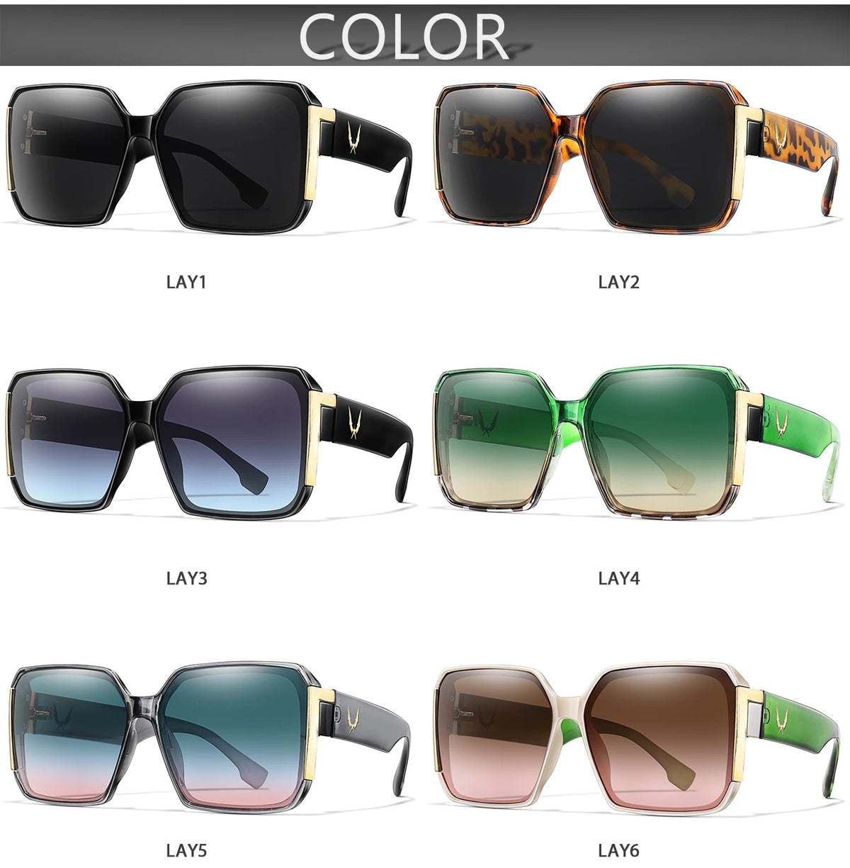 Six variations of trendy square sunglasses shown in different colors and finishes.