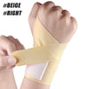 A hand is wearing a beige wrist support compression strap on its forearm.