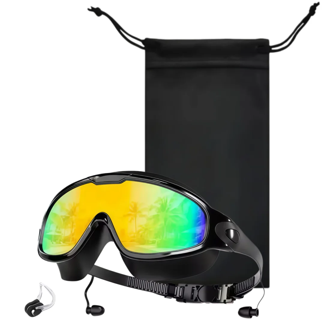 A pair of black anti-fog UV swim goggles with yellow-tinted lenses is displayed next to a black storage pouch.