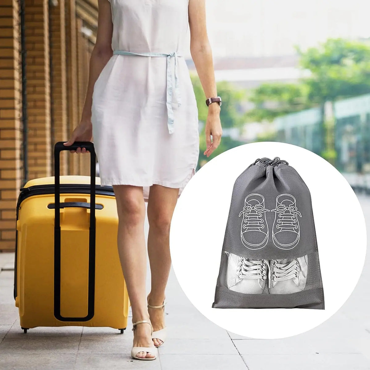 A woman wearing a white dress is holding a yellow suitcase while a reusable non-woven shoe storage bag is shown in an inset.