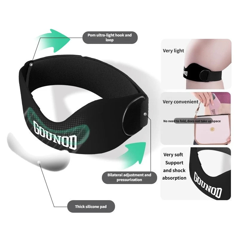 Black silicone patellar strap with a light hook and loop for knee support and pressure adjustment