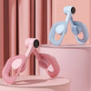 Two light pink and blue thigh and hip strength trainers are displayed on a pink pedestal.