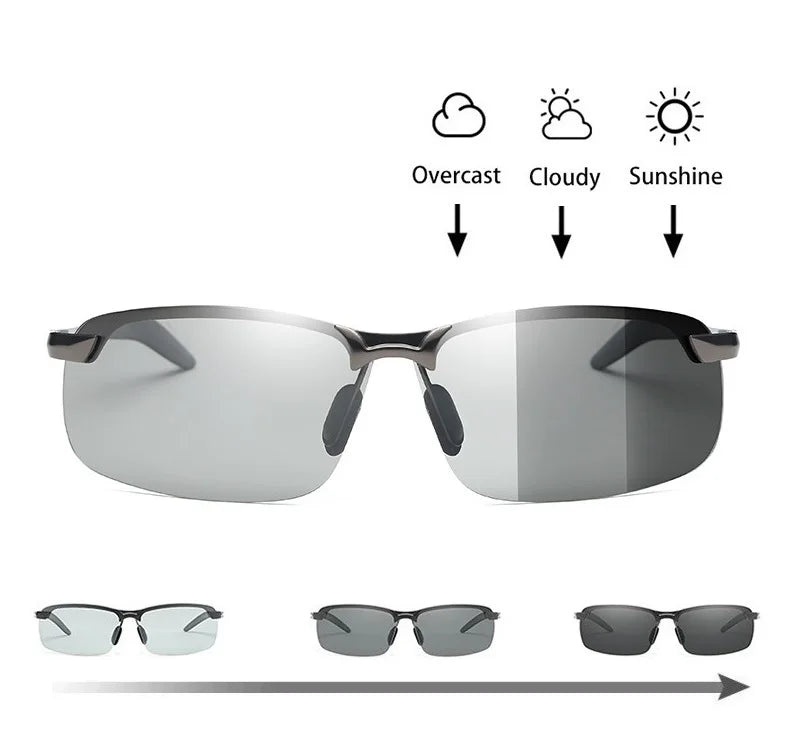 A set of photochromic polarized sunglasses shown in three shades: clear, gray, and dark gray.