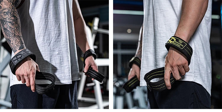 A person wearing a white shirt and dark pants is demonstrating black gym wrist wraps for strength training.