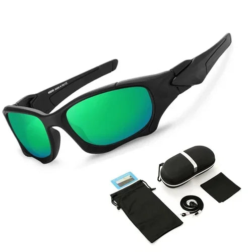 A pair of black polarized sports sunglasses with green lenses and a matching storage pouch.
