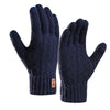A pair of dark blue knitted fleece winter gloves for men