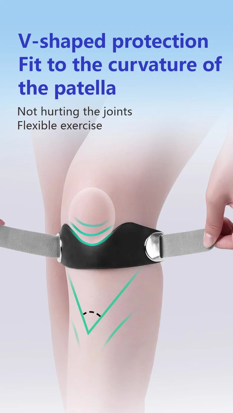 A hand is applying a black silicone V-shaped knee pad to the curvature of a person's patella for joint protection.