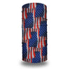 A tube bandana featuring a patriotic design with red, white, and blue stripes and stars.