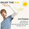 A man wearing a light blue shirt demonstrates arm protection with white sleeves for sun protection.