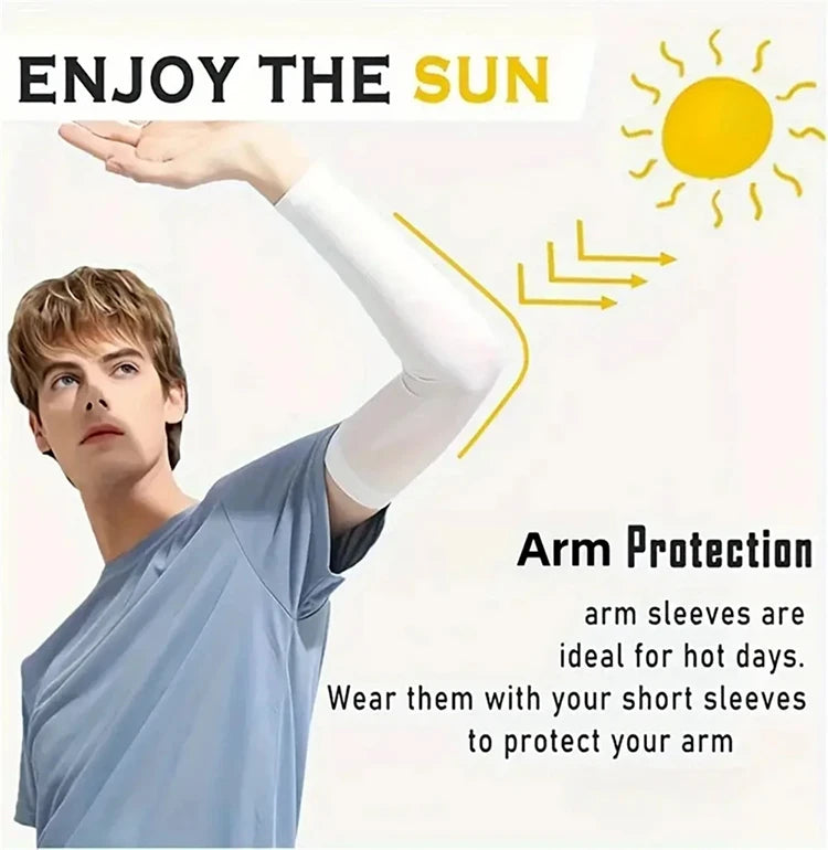 A man wearing a light blue shirt demonstrates arm protection with white sleeves for sun protection.