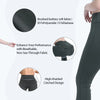 A woman models high-waisted gray yoga leggings made from brushed buttery soft fabric with a cinched design.