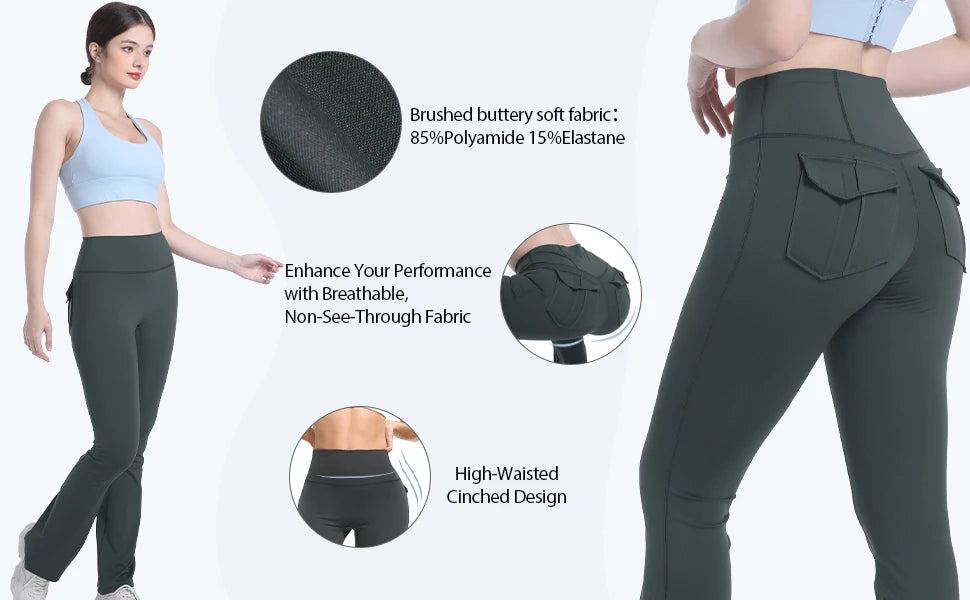 A woman models high-waisted gray yoga leggings made from brushed buttery soft fabric with a cinched design.