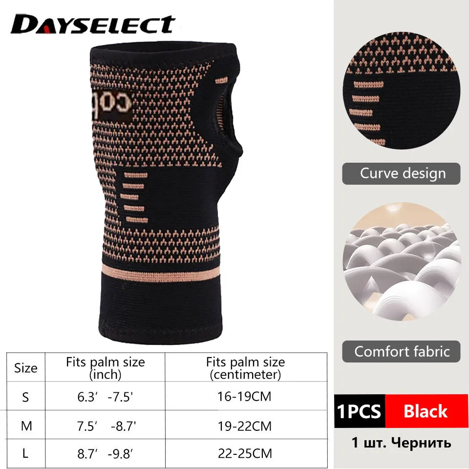 Black copper fiber wrist bracer designed for fitness and sport with a curve design.