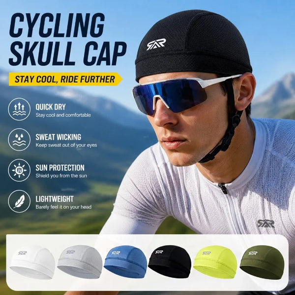 A man wearing a black cycling skull cap and blue sunglasses outdoors, demonstrating its use for sun protection and sweat-wick