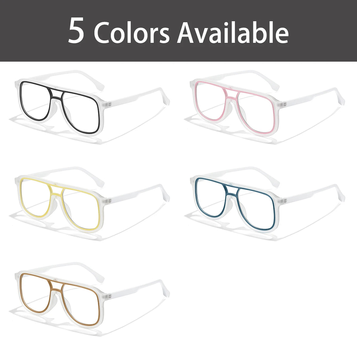 Five color photochromic square frame sunglasses displayed on a white background.