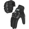 Black motorcycle riding gloves with full finger protection shown from the back and side.
