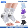 A pair of grey compression socks with mesh detailing and white trim are shown on a foot.