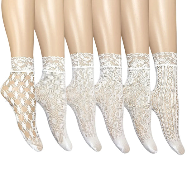 A set of women's floral lace ankle socks in various shades of white and ivory.