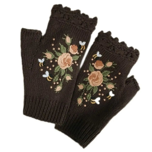 Embroidered Floral Bee Fingerless Gloves