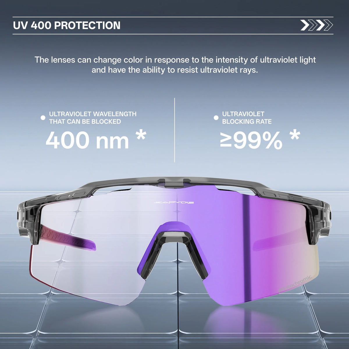 Purple photochromic cycling sunglasses demonstrating UV 400 protection features
