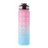 Pinke isolierte Sportflasche mit schwarzem Strohhalmdeckel und Zeitmarkierungen für einen Trainingsplan.