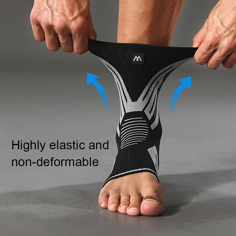 A person is wearing a black elastic compression sleeve on their ankle, demonstrating its non-deformable support.