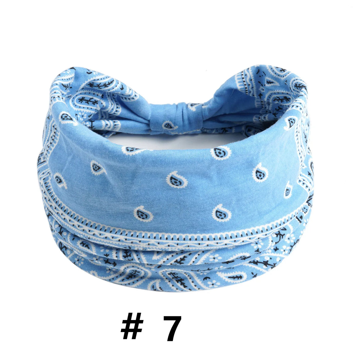 Light blue cotton headband with a white and navy bohemian print