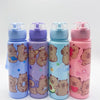 A set of four colorful leak-proof insulated water bottles featuring cute bear designs in shades of blue, purple, and pink.