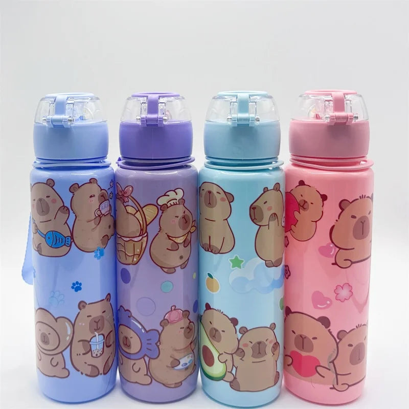 A set of four colorful leak-proof insulated water bottles featuring cute bear designs in shades of blue, purple, and pink.