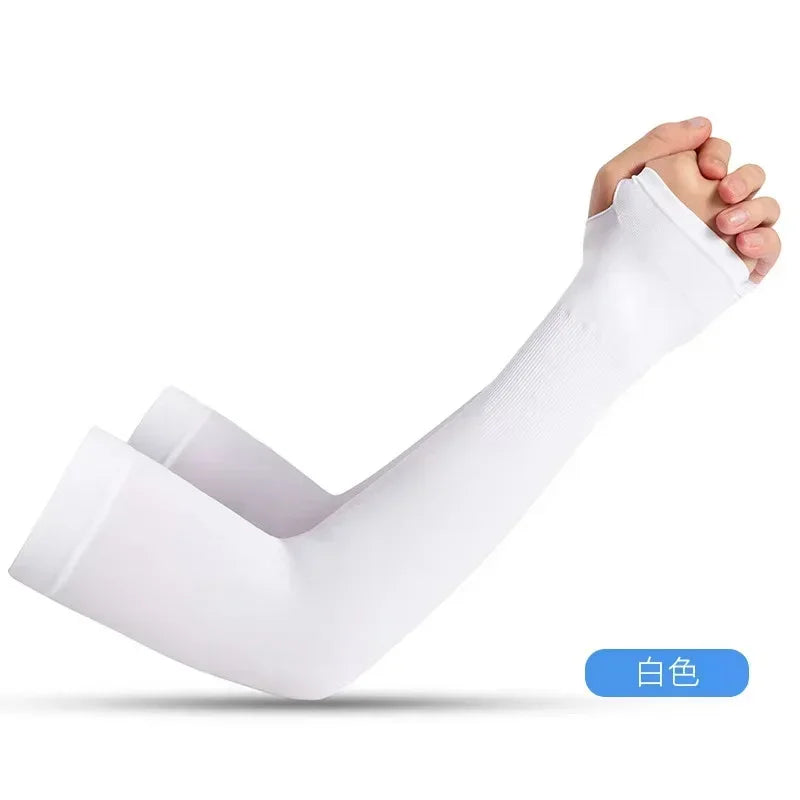 White UV protection arm sleeve being worn on an arm.