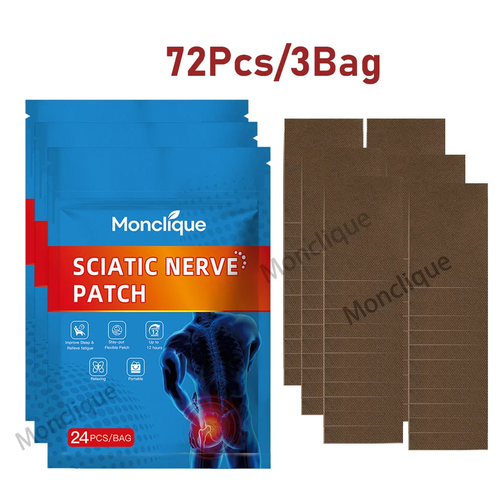 Pack of 72 sciatic nerve patches in a 3-bag set with instructions