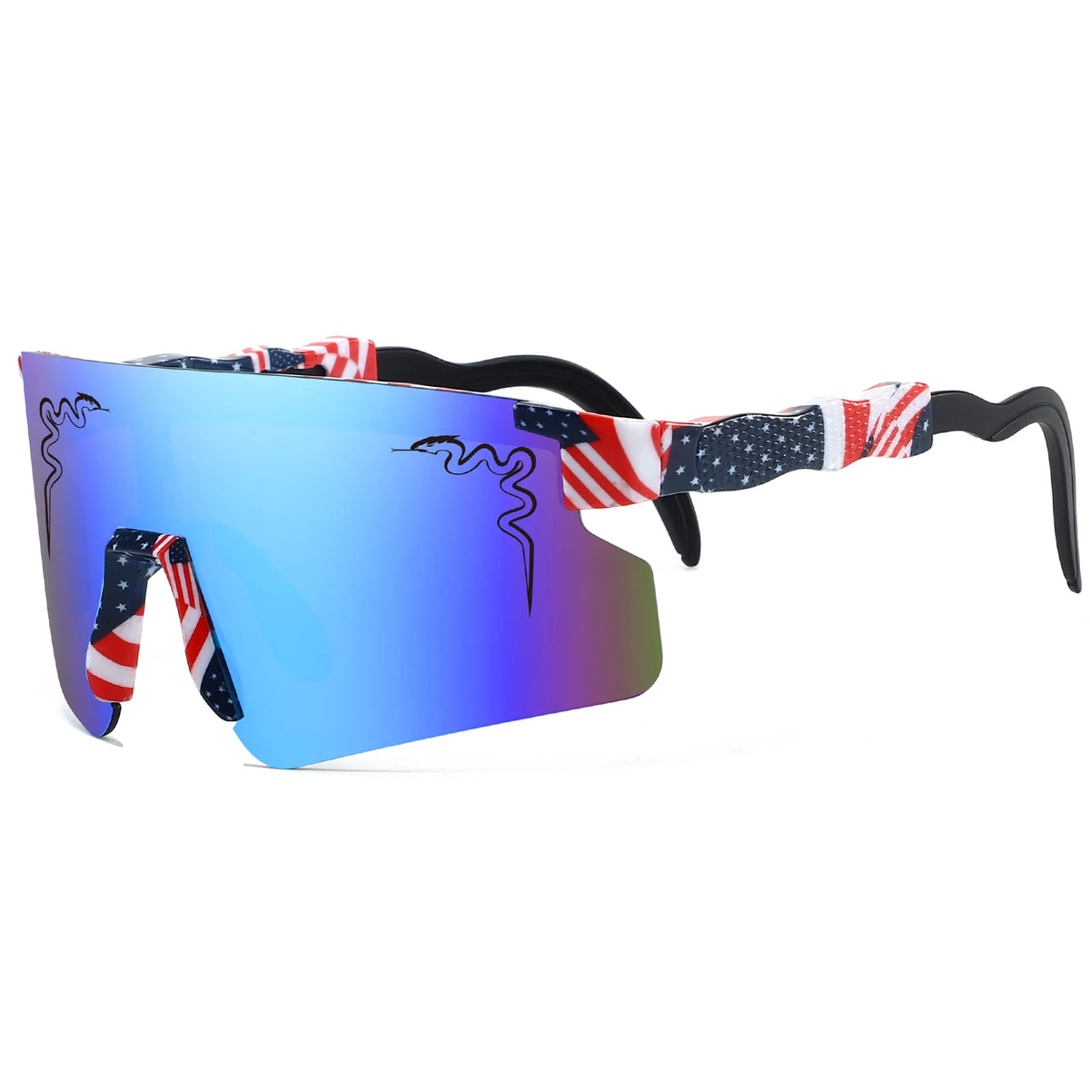 A pair of blue-tinted cycling sunglasses featuring an American flag design on the frame and lenses.