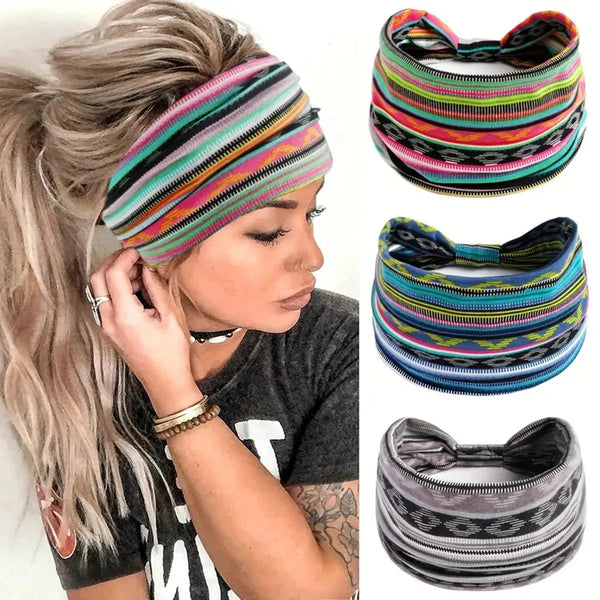 A woman wearing a colorful bohemian cotton headscarf hair accessory on her hair.