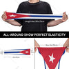 A person demonstrates the elasticity of a red and blue fabric arm sleeve, showing its length and stretch.