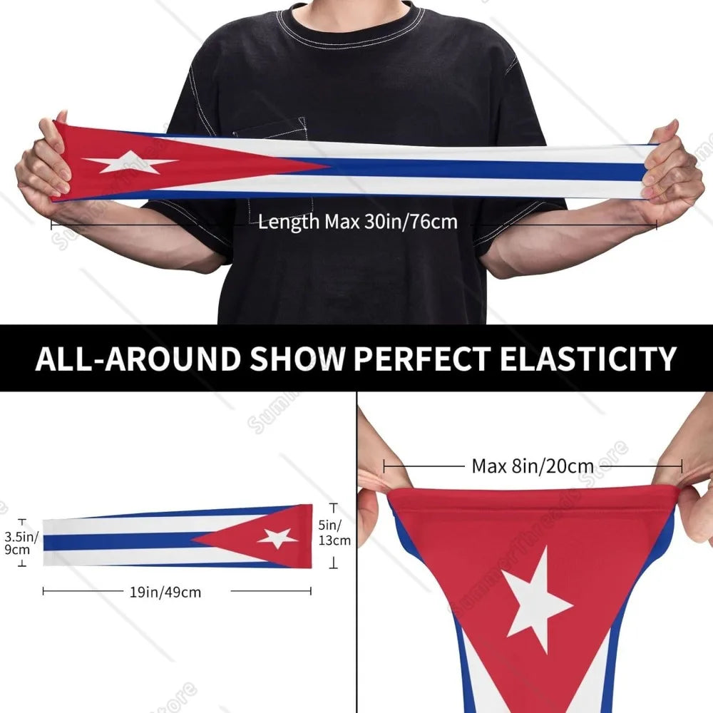A person demonstrates the elasticity of a red and blue fabric arm sleeve, showing its length and stretch.