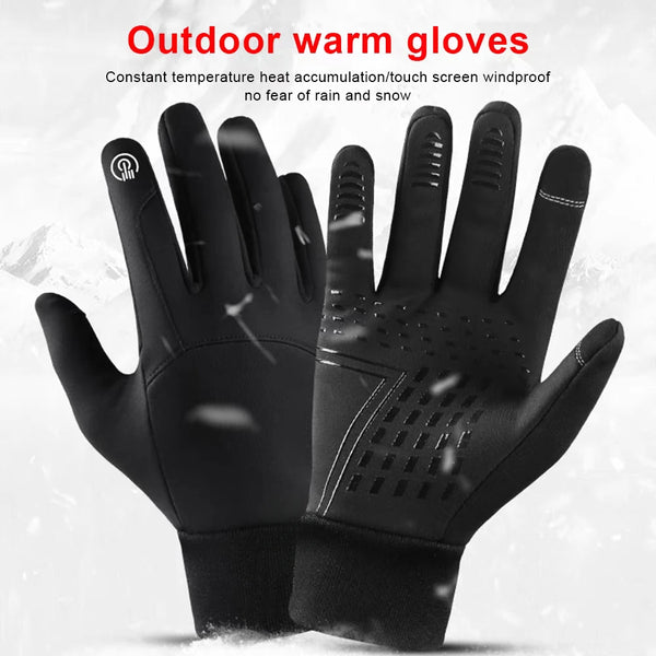 A pair of black outdoor warm gloves shown against a white background.