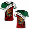 A green and red men's t-shirt featuring the Mexican national emblem with a golden eagle and serpent design.