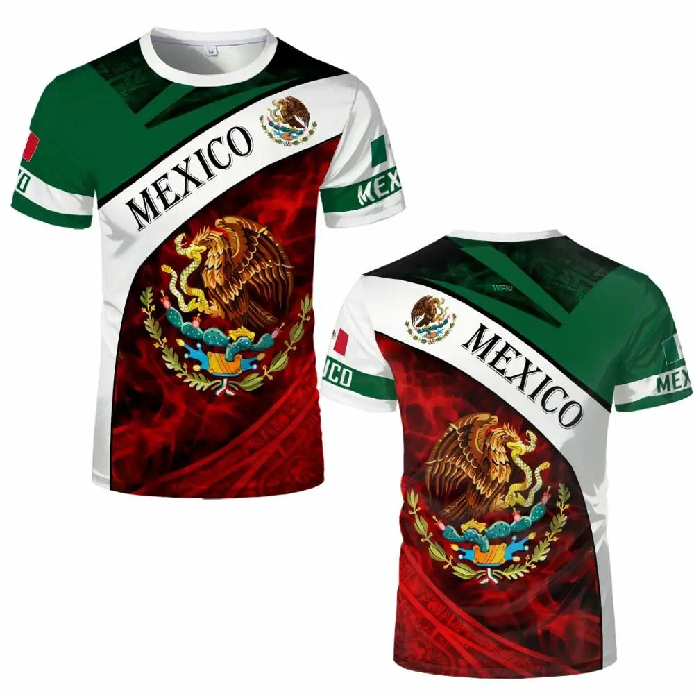 A green and red men's t-shirt featuring the Mexican national emblem with a golden eagle and serpent design.