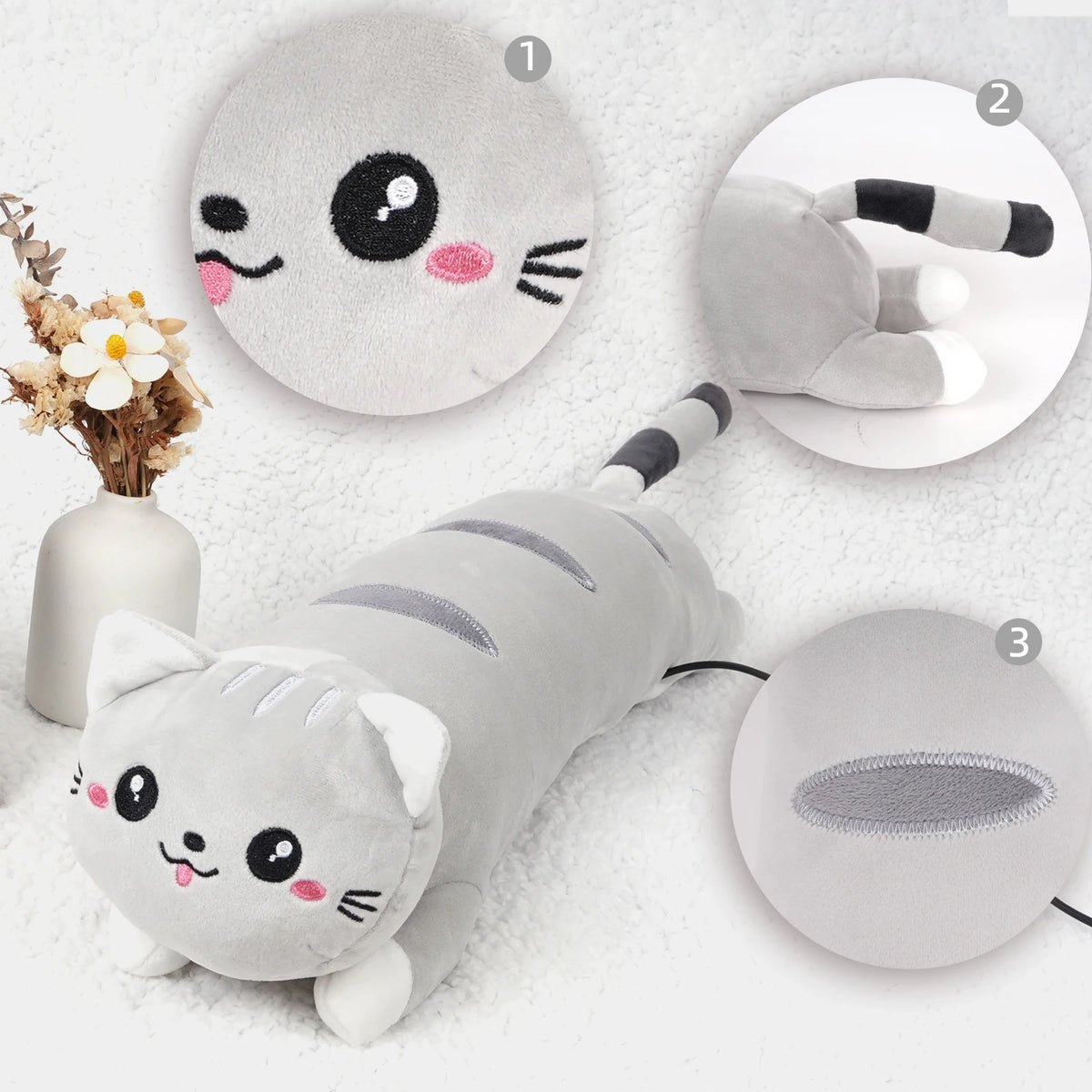 A gray plush cat-shaped heating pad with attached round pads for muscle relief.