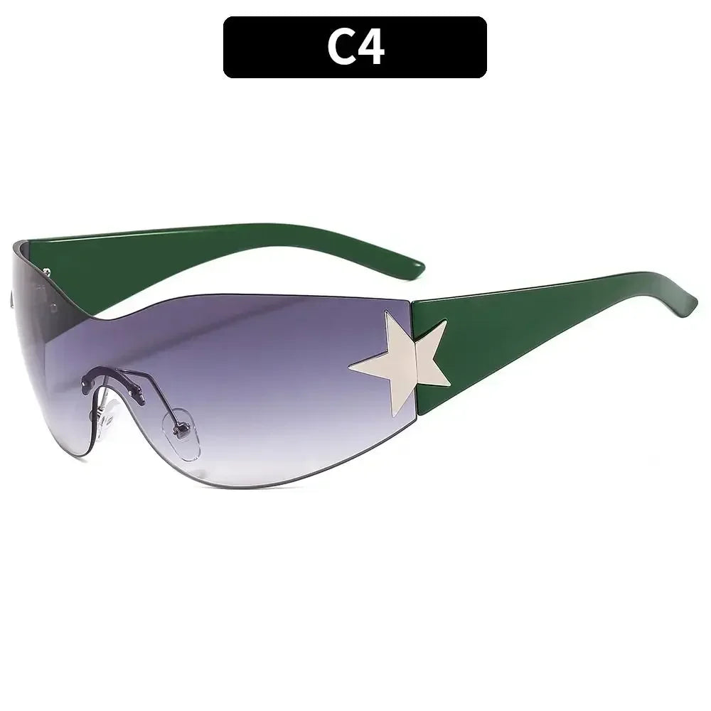 A pair of green sunglasses with a purple gradient lens and a gold star detail.