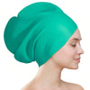 A model wearing a teal silicone swim cap designed for long hair and braids.