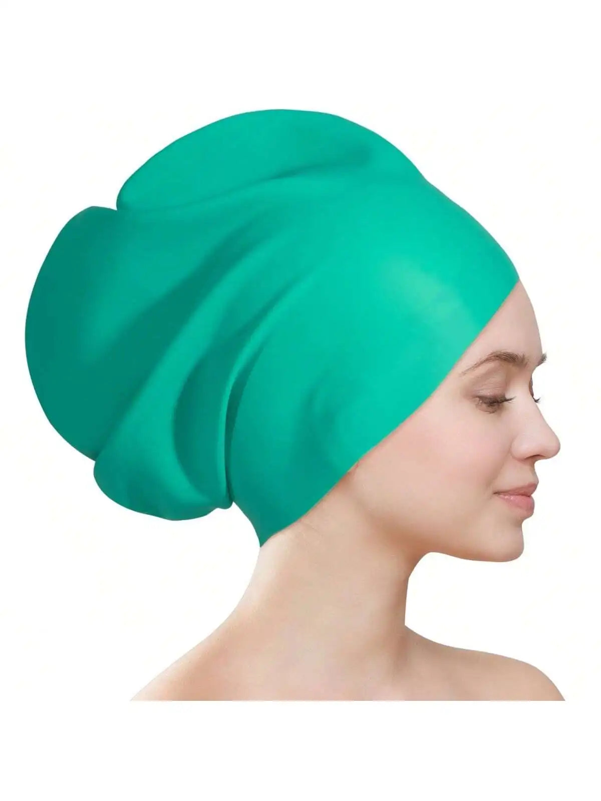 A model wearing a teal silicone swim cap designed for long hair and braids.