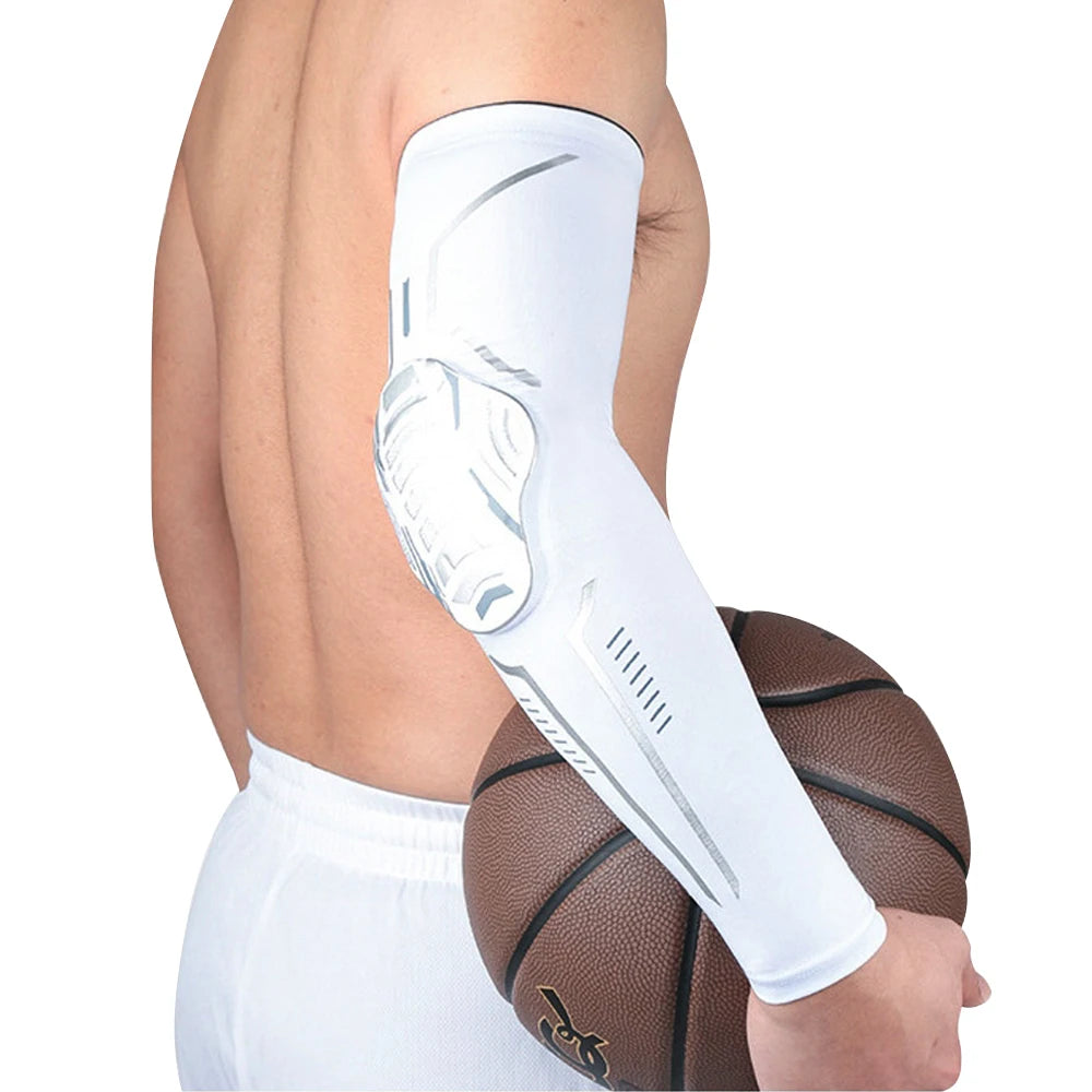 A white sports compression sleeve for the elbow and knee is shown on a person's arm.