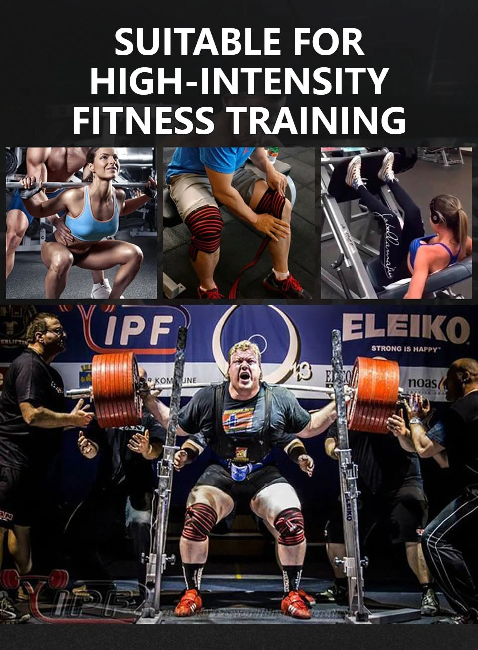 A muscular woman performs a fitness movement while wearing high-compression knee wraps for weightlifting.